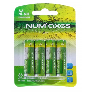 Piles rechargeables type AA HR6 1,2 v - NUM'AXES Blister 4 piles rechargeables AA HR6 Ni-MH 1,2 V 2600 mAh 