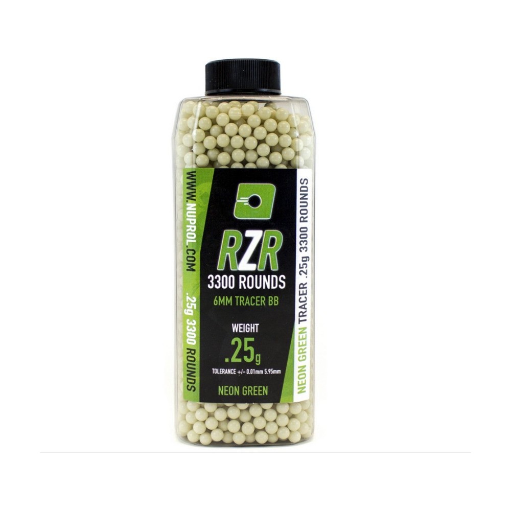 Billes Airsoft 6mm RZR 0.25g bouteilles 3300 bbs TRACER vertes  0,25g VERTE 